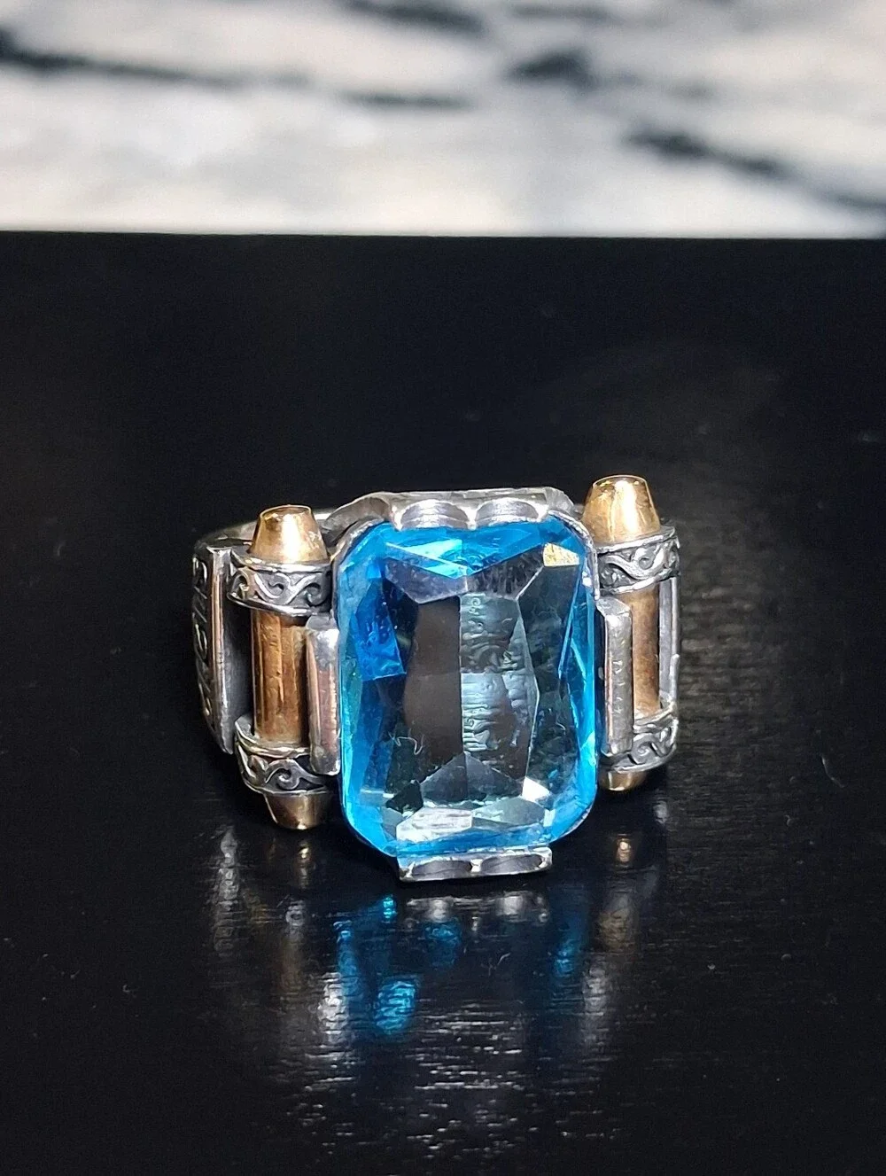 Mixed Metal Blue Gemstone Sterling Silver Ring Unisex 16 Grams Size 9